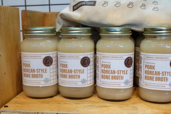 A close-up of jars of “traditional pork Korean-style bone broth.”