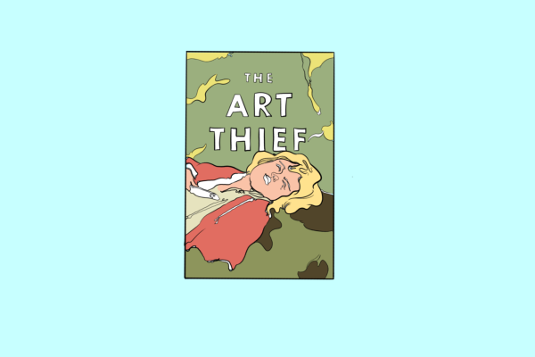 An illustration of a book cover on a blue background depicting a person with blonde hair sleeping under a tree clutching a white object. The words “THE ART THIEF” in white block letters are placed at the top of the cover.