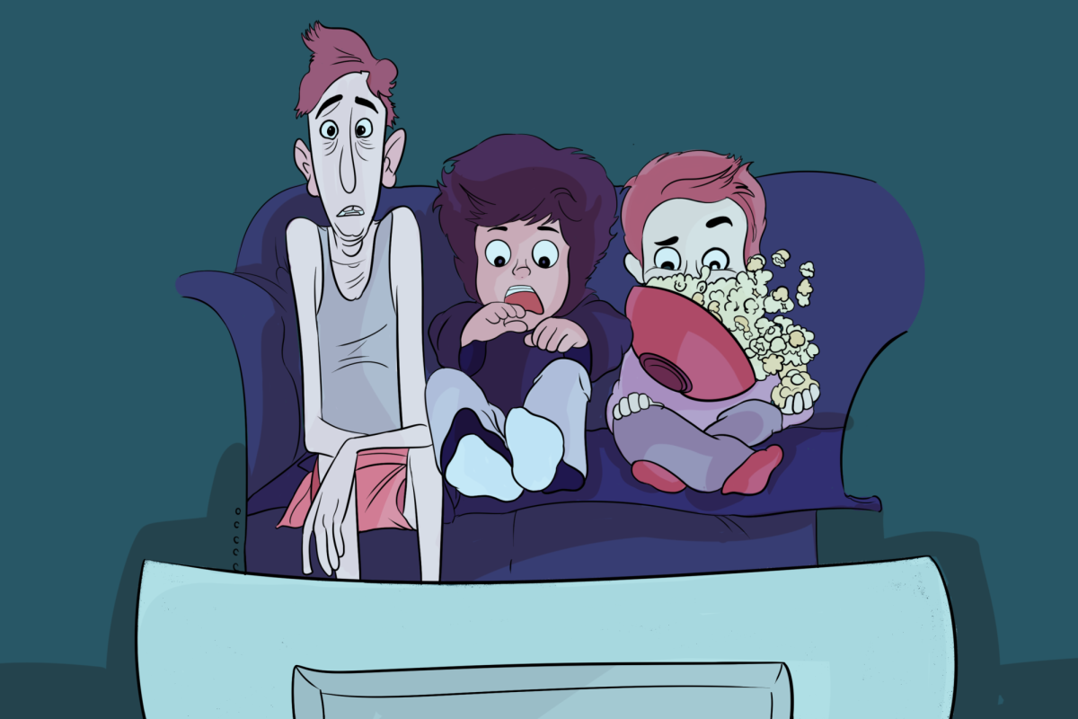 An illustration of a family watching a horror movie on a couch with scared expressions on their faces. The person on the right spills a bowl of popcorn in shock.