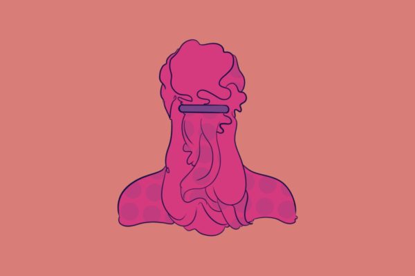 A pink illustration of the back of someone’s head with a purple barrette and pink hair.