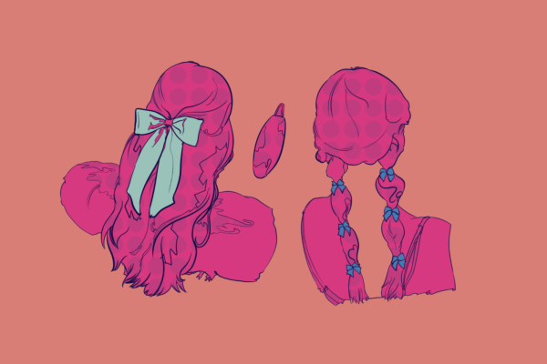 A pink illustration of the back of two people’s heads. One has wavy hair with a large bow and the other wears twin braids tied with small bows.