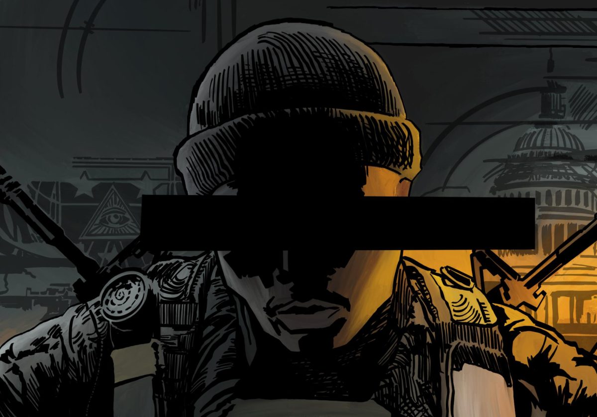 An illustration of an armed man with a redacted face in front of a collage of U.S. conspiracy imagery.