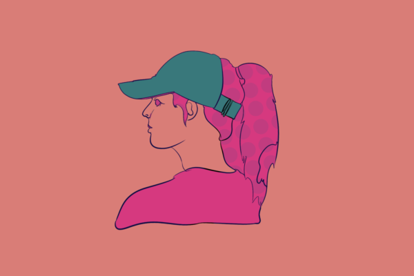 A pink illustration of a person with a turquoise baseball cap and a sleek pink ponytail.