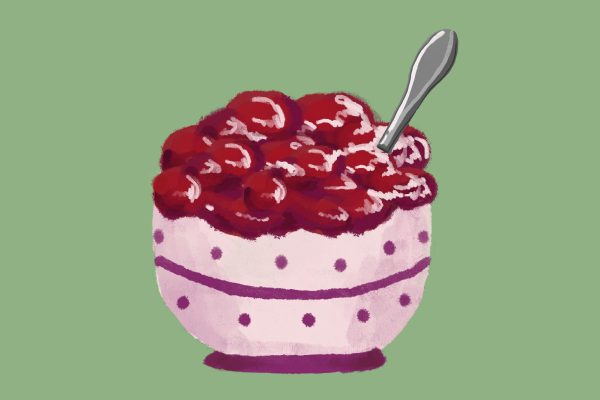 An illustration of a bowl holding cranberry sauce and a spoon in it.