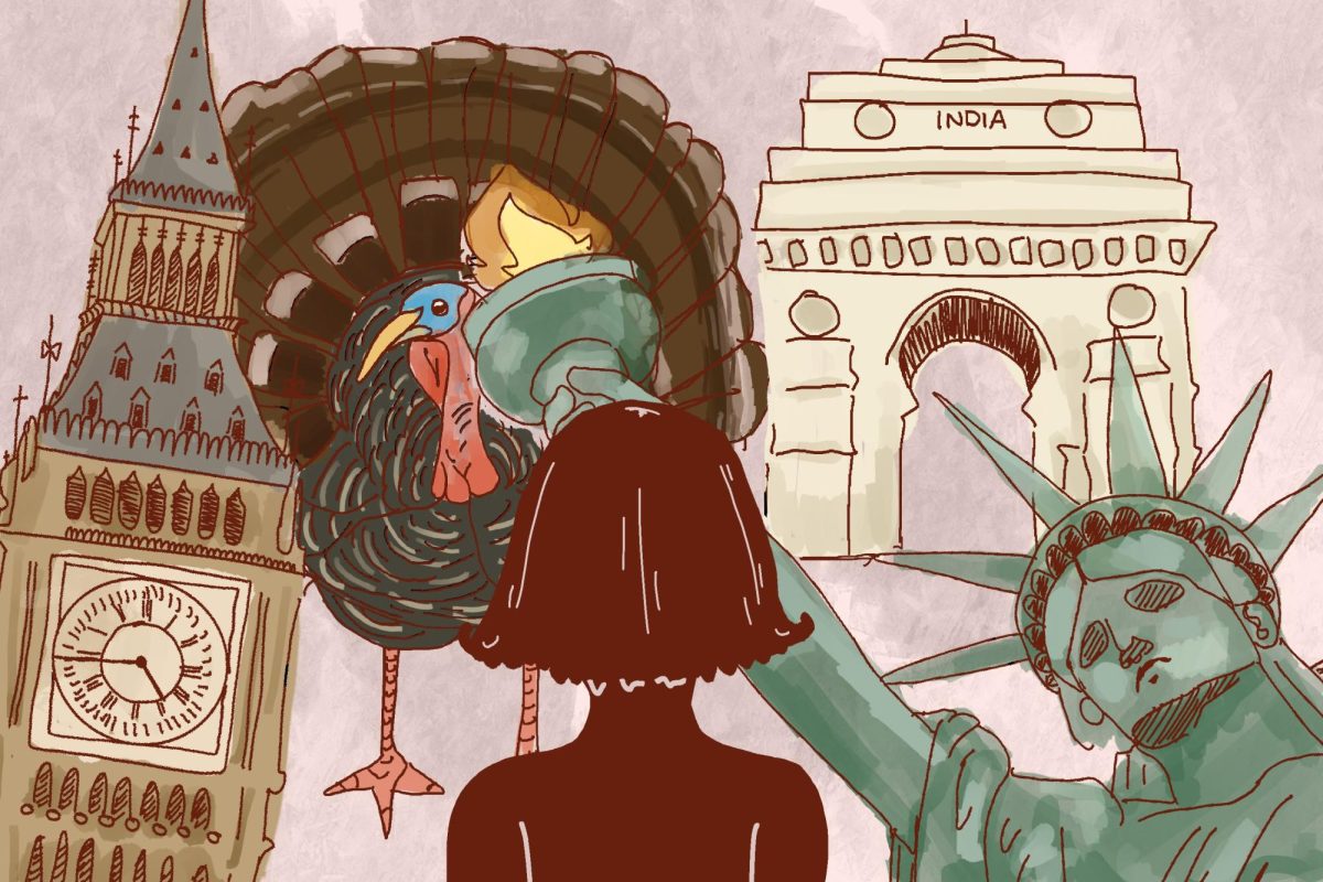 An illustration of a silhouette of a person with short hair in front of several world landmarks and a turkey.