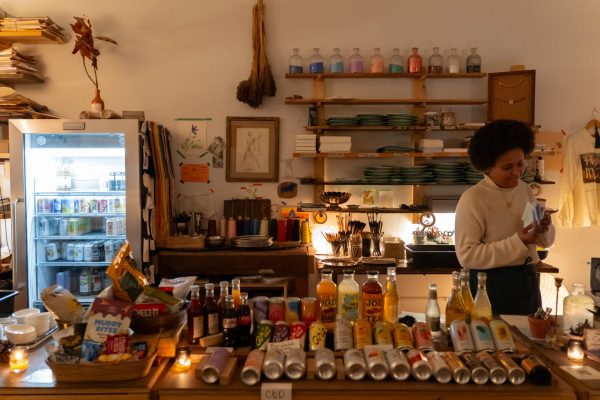 A woman stands behind a counter with snacks and beverages. The wall behind has artwork, shelves with dishes and a fridge of beverages