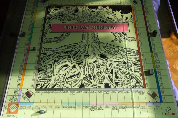 A mint-green board game that resembles Monopoly with “PHILANTHROPY” written in the middle, with a tree behind the text.