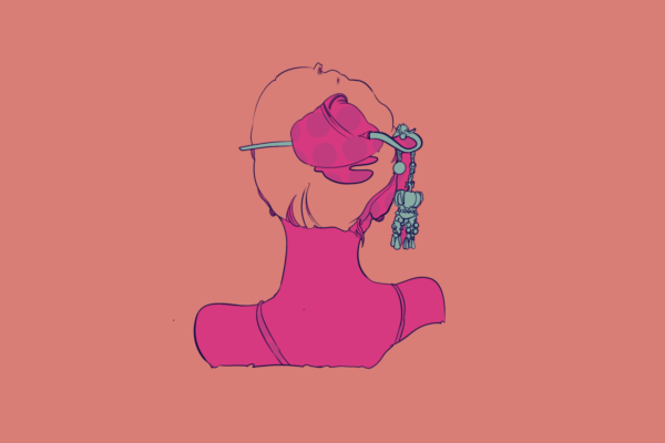 A pink illustration of a person’s head with their hair in a bun held up by an elegant blue pin with hanging charms.