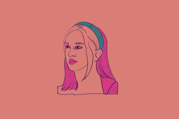 A pink illustration of someone with a sleek pink hairstyle and a turquoise headband with some hair falling forward.