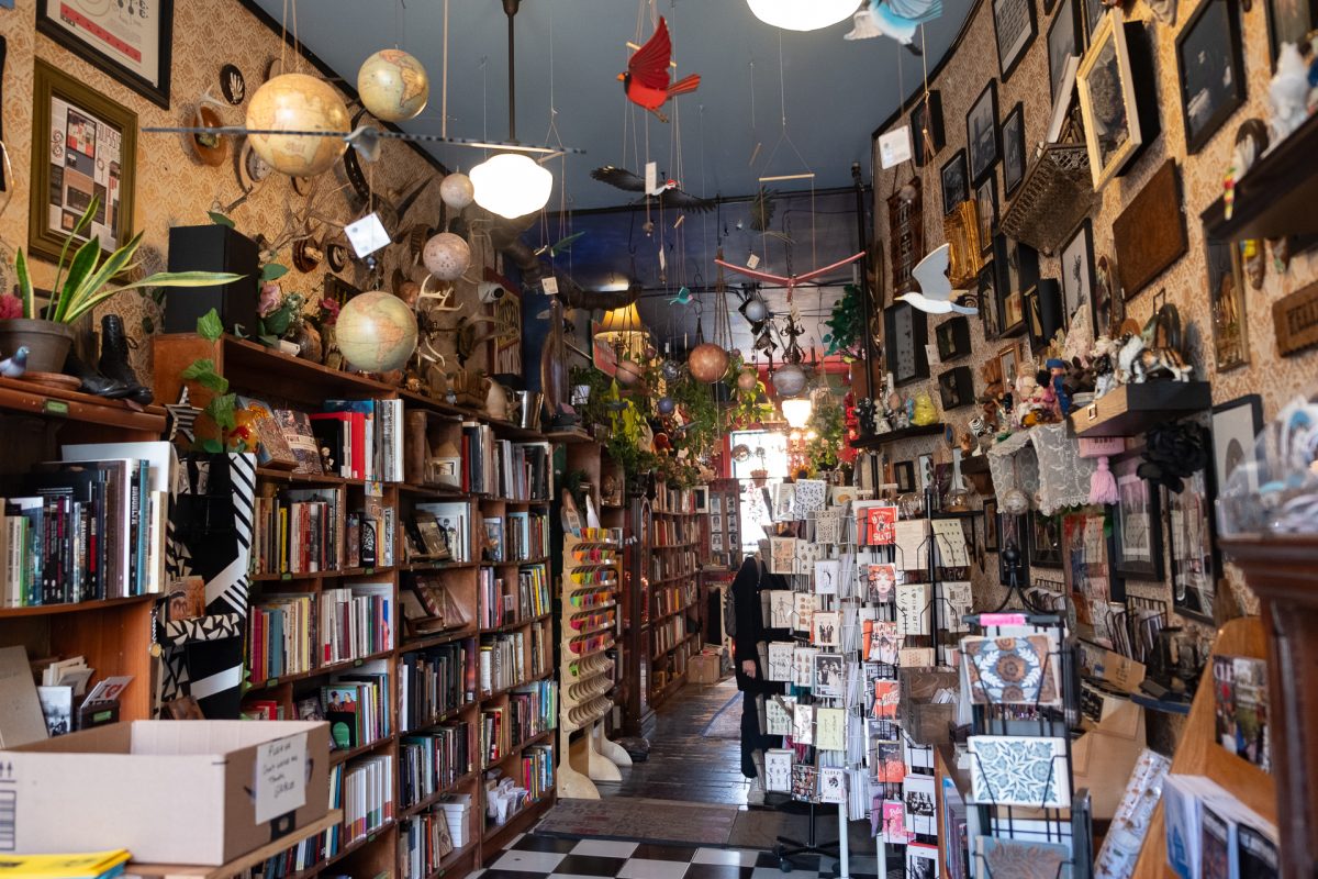 The interior of a small bookstore with a wooden floor, bookshelves lining the walls and globes and wooden birds hanging from the ceiling.