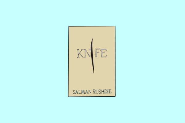 An illustration of a book cover on a blue background depicting skin with the title, “KNIFE,” completed with a vertical cut on the skin for the “I.”