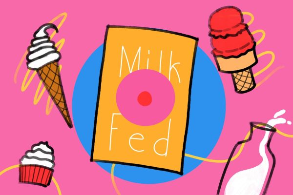 An illustration of a yellow book cover featuring a pink-red circle in the middle, with a title that says “MILK FED” against a pink background with an illustrated bottle of milk, cupcakes and ice cream cones