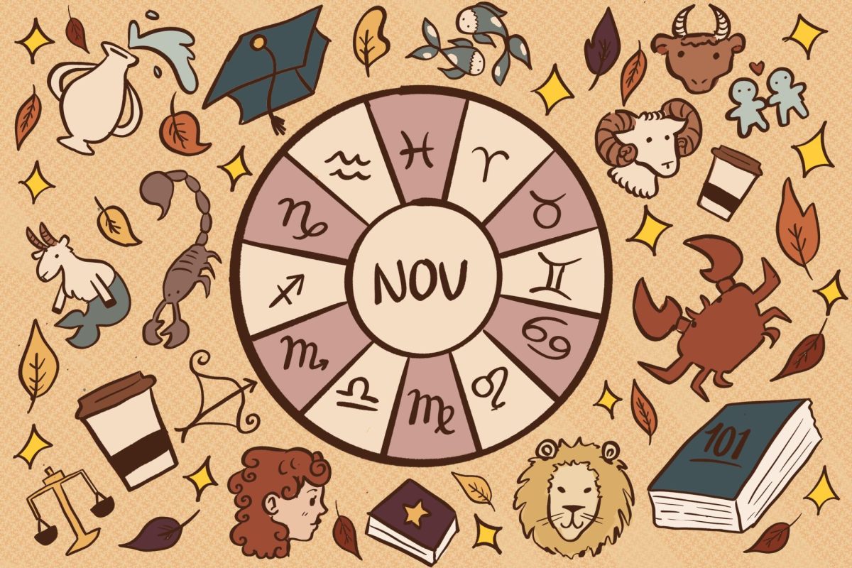 An illustration of a horoscope wheel with the word “NOV” in the center. Around the wheel are symbols of each zodiac sign, in front of leaves, coffee cups and textbooks.