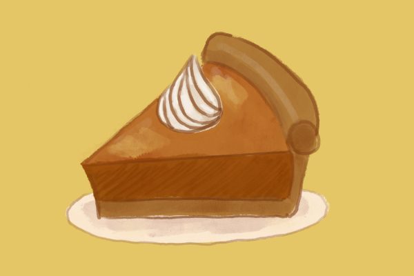 An illustration of a slice of pumpkin pie with whipped cream on top.