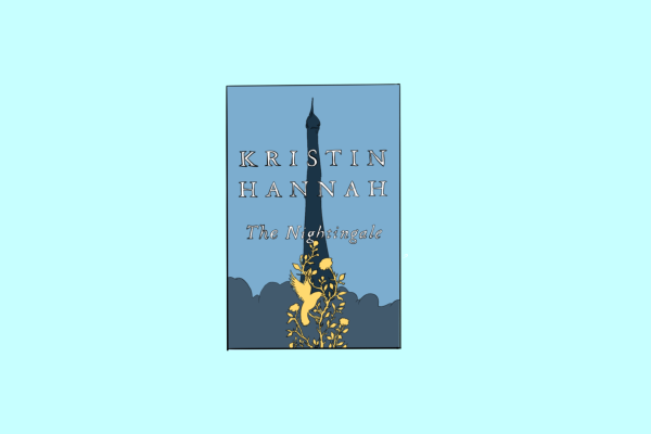 An illustration of a book cover on a blue background depicting a gold bird and rose vine in front of a dark tower and a blue sky. White text reads “Kristin Hannah The Nightingale”