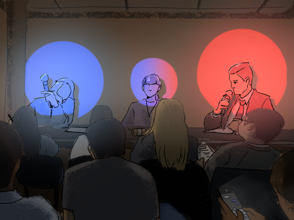 An illustration of a three-person panel sitting in front of a crowd. The left person has a blue spotlight on them, the person in the middle has a red and blue spotlight, and the person on the right has a red spotlight.