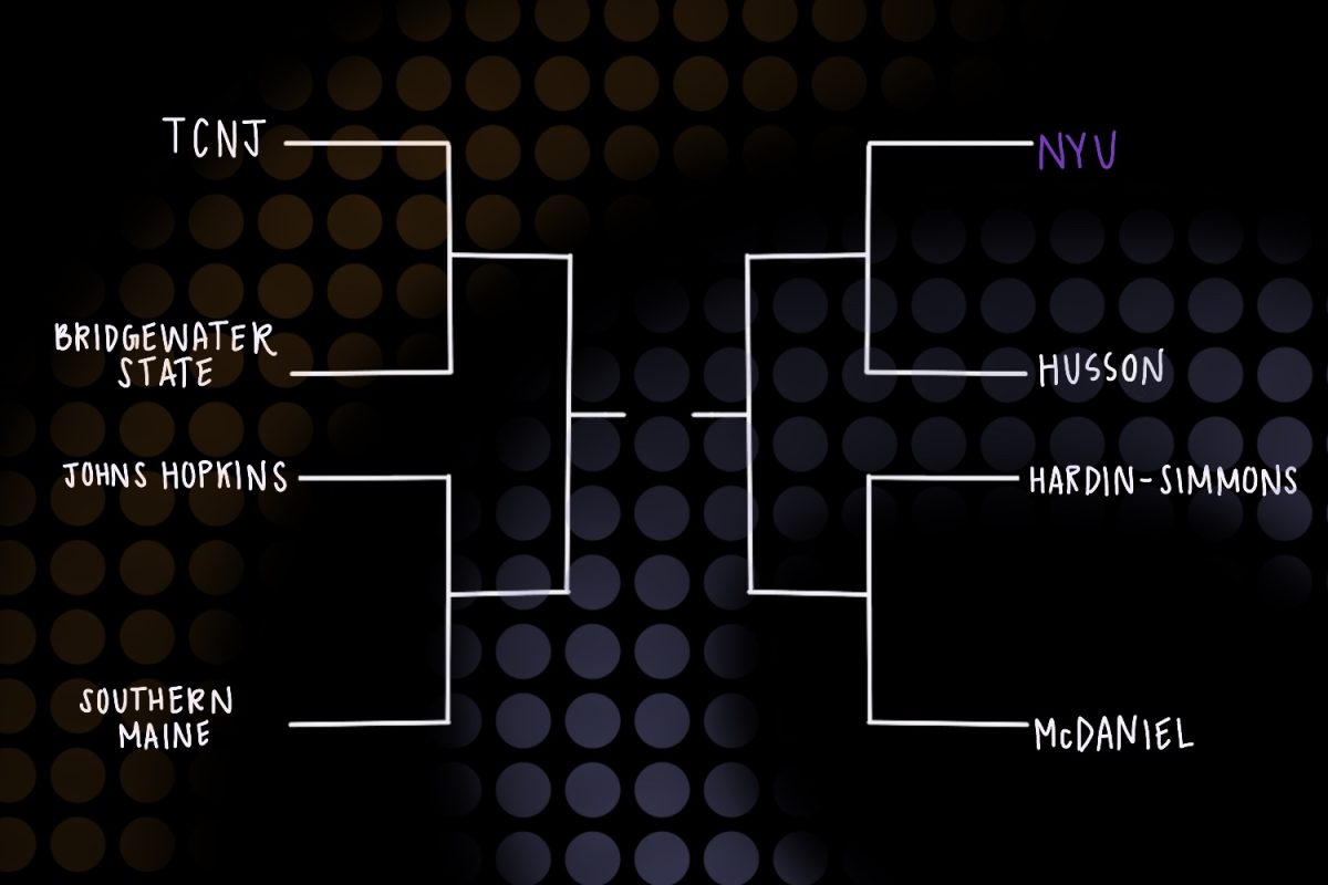 An illustration of a bracket with school names on it against a dark polka-dot background.