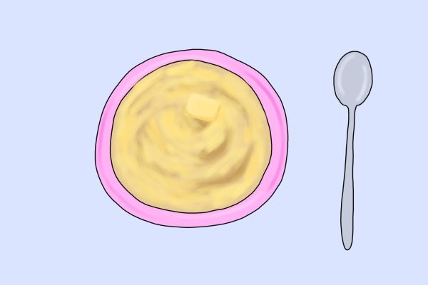 An illustration of mashed potatoes in a pink bowl with a spoon next to it.