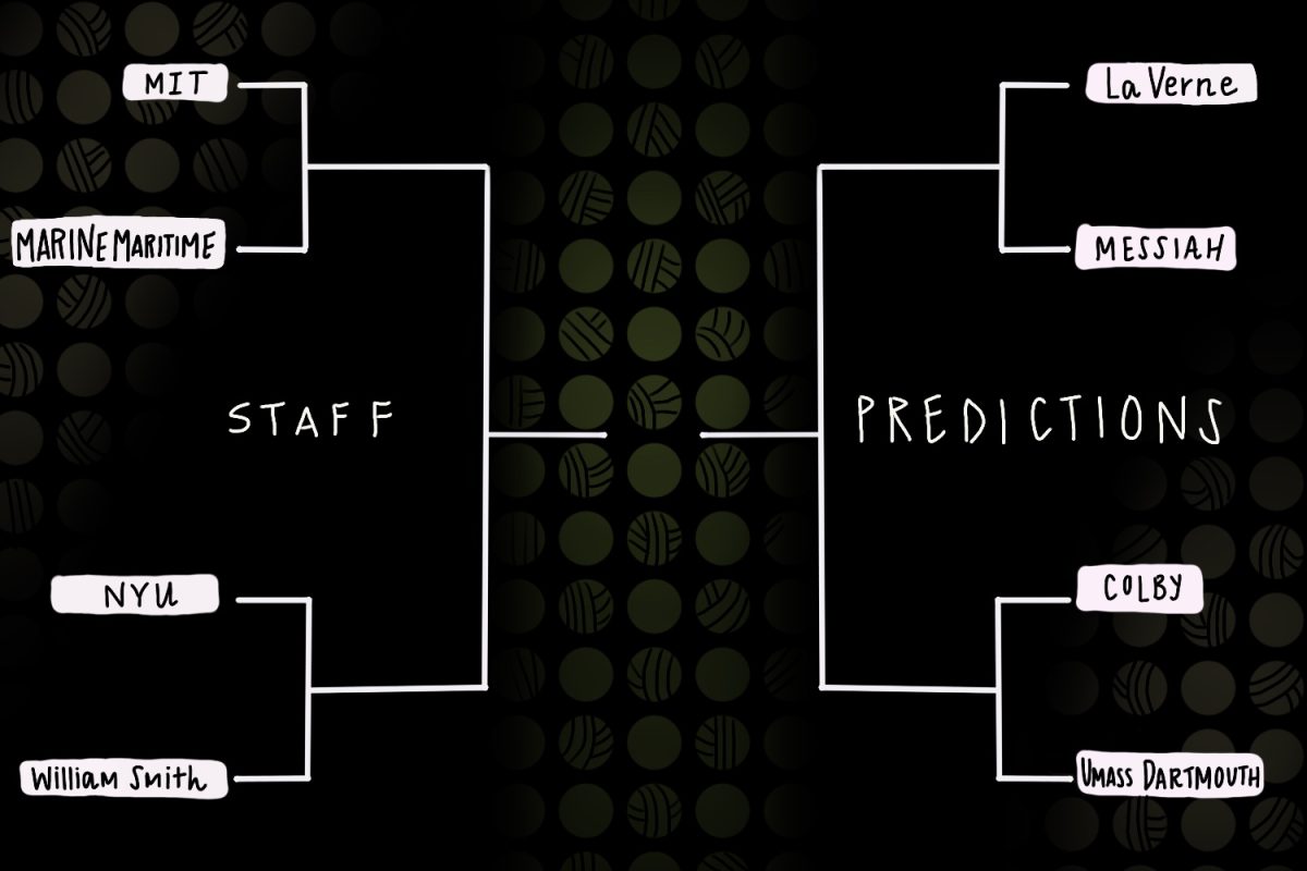 A white bracket with school names on against a black background. There are small, yellow volleyballs behind the bracket.