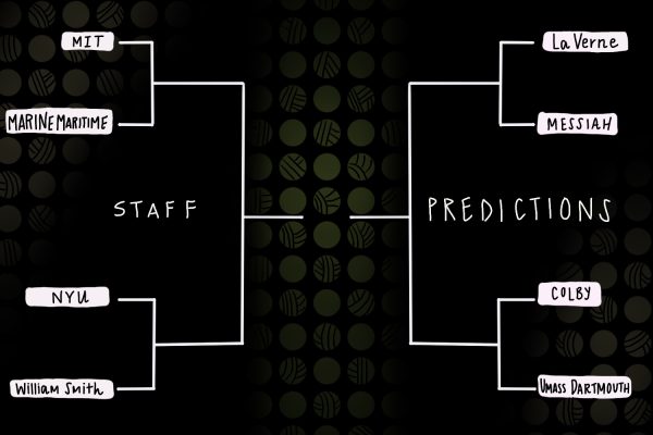 A white bracket with school names on against a black background. There are small, yellow volleyballs behind the bracket.