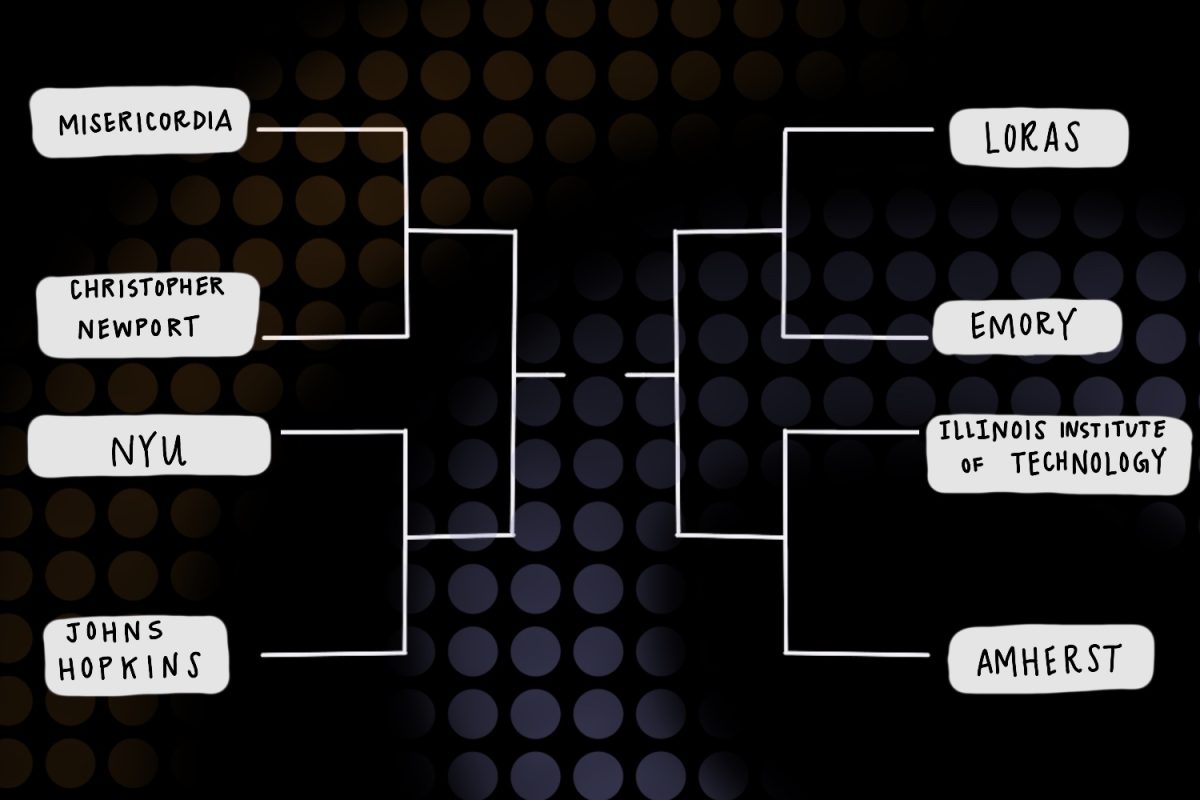 A white bracket on a black background with school names. Behind it, there are purple and orange dots.