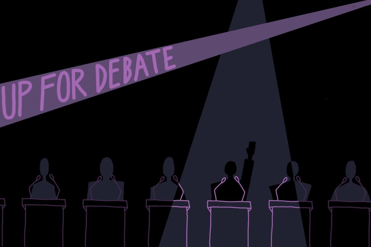 An illustration of seven people standing at purple podiums. One of the podiums has a spotlight on it, with a person raising their hand under the light. There is another spotlight that highlights the words “UP FOR DEBATE”.