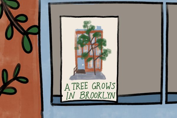 An illustration of a white book with a brown building and a tree in the middle. The title is below and says “A TREE GROWS IN BROOKLYN”.