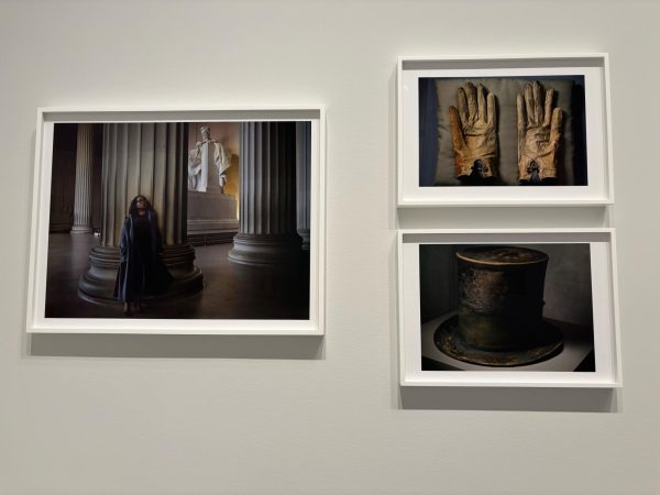 Three photographs, one of a person leaning on a statue of Abraham Lincoln in the background, one photograph of two gloves, and one photograph of a hat.