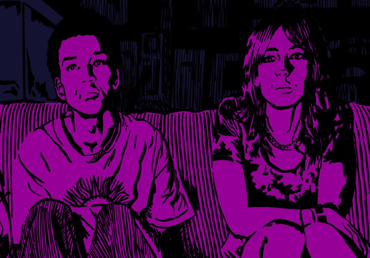 A pink and black illustration of two people sitting on a couch.