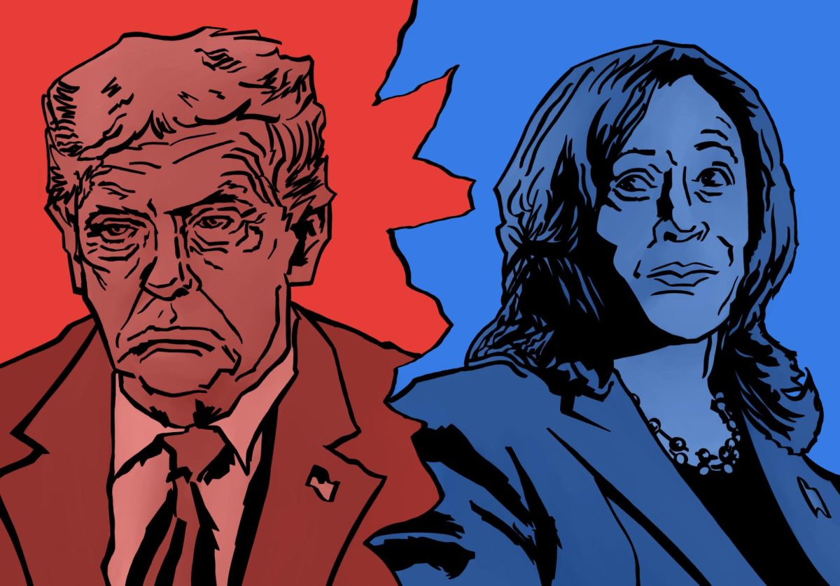 An illustration of Donald Trump, depicted in red, and Kamala Harris, depicted in blue, side-by-side.