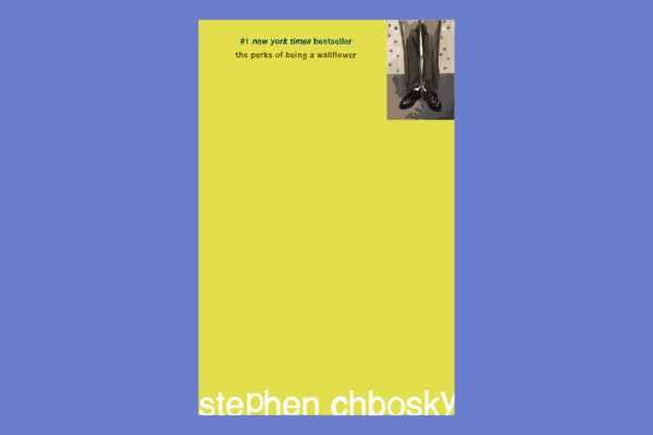 An illustration of a bright yellow book cover with the author, “stephen chbosky,” at the bottom in an unbalanced white font. At the top is “#1 new york times best seller” and the title, “the perks of being a wallflower,” with a black and white close-up of someone’s legs in the top right corner