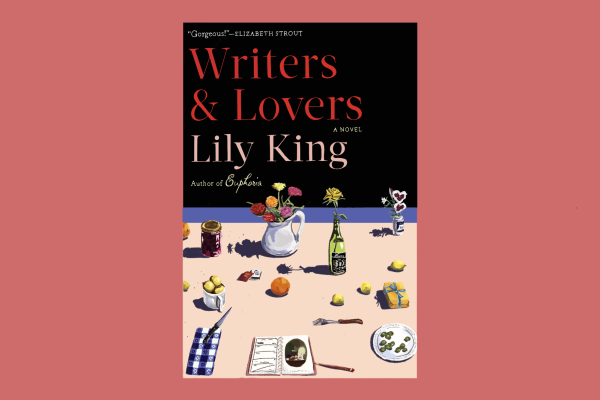 An illustration of a book cover featuring a light pink surface with various citrus fruits, flowers in various containers and cutlery. Above is the title “WRITERS & LOVERS” and the author, “LILY KING.”