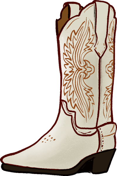 An illustration of a white cowgirl boot with brown trump and detailing and a dark brown heel.