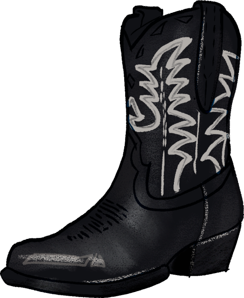 An illustration of black cowgirl boots with a white line design.