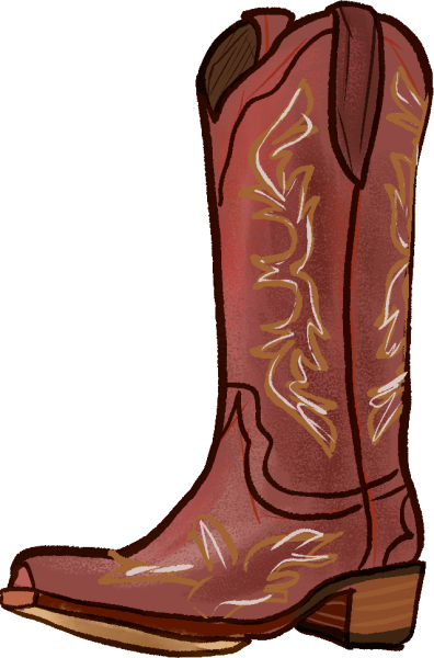 An illustration of a rusty brown cowgirl boot with an orange and white design.