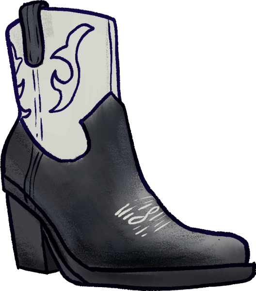 An illustration of a short black and white cowgirl boot.