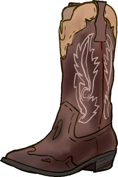 An illustration of a brown cowgirl boot with a light brown trim at the top of the boot and light brown accents.