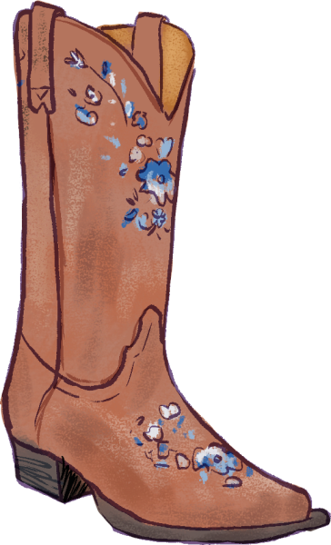 An illustration of a light brown cowgirl boot with a brown heel and blue floral patterns.