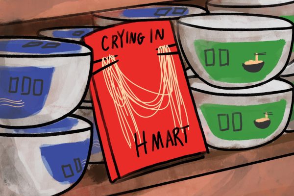 An illustration of a red book cover featuring two pairs of chopsticks holding noodles with a title that says “CRYING IN H. MART”, surrounded by green and blue bowls of noodles.