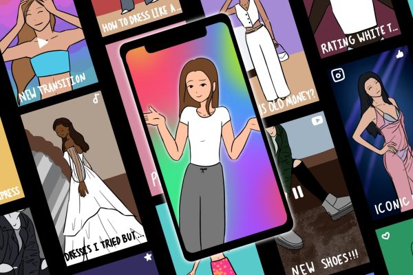 An illustration of a girl in a t-shirt and sweatpants shrugging on an iPhone screen on a background of an array of different video stills adorned with the icons of TikTok, Youtube and Instagram. Some video titles include “DRESSES I TRIED BUT…,” “HOW TO DRESS LIKE A…,” “NEW SHOES!” and “ICONIC...”