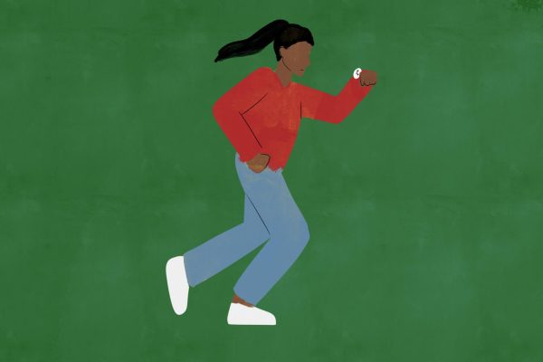 An illustration of a woman running and looking at the time on her watch.