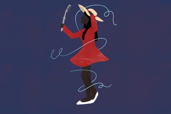 An illustration of a woman filming herself with a phone on a selfie stick.