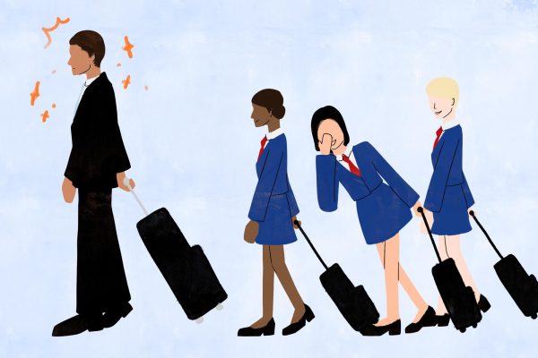 An illustration of a man in a suit with sparkles around him, followed by three flight attendants.