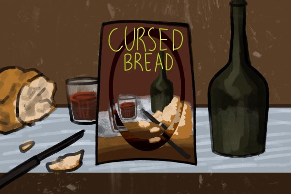 An illustration of a brown book cover featuring a bottle, a cup of wine and bread in the middle, with a title that says “CURSED BREAD” surrounded by a loaf of bread, a knife, two glasses filled with a red beverage and a dark green bottle.