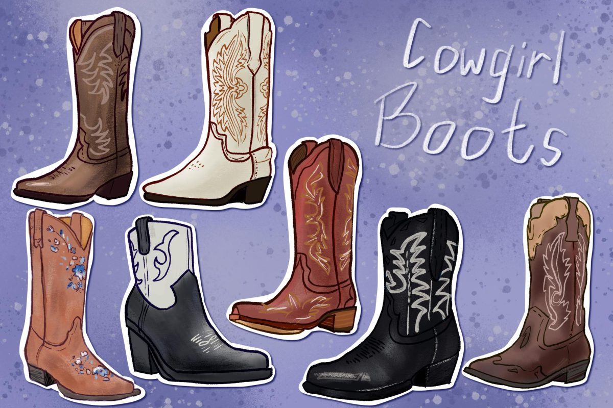 An illustration of various cowgirl boots on a blue background, with white text reading “Cowgirl Boots” in the upper-right corner.