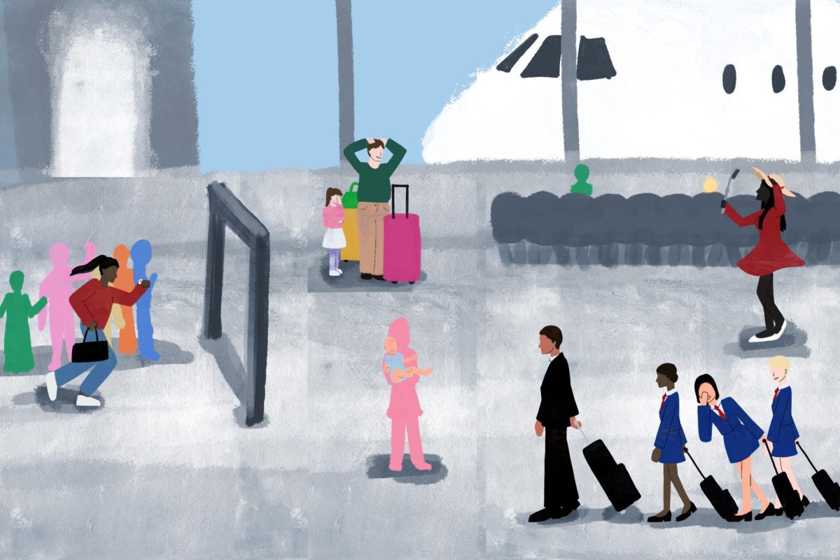 An illustration of several people in various outfits in an airport terminal.