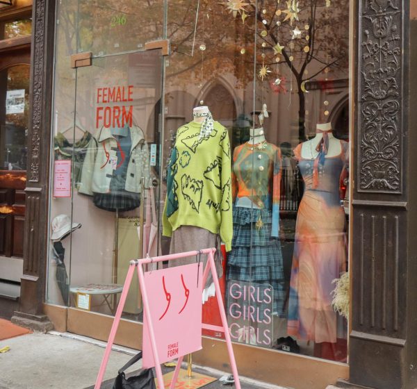 A pink sign with a logo and text that reads “FEMALE FORM” in front of a storefront. Various outfits on a rack and a neon sign reading “GIRLS GIRLS GIRLS” are visible through the window.