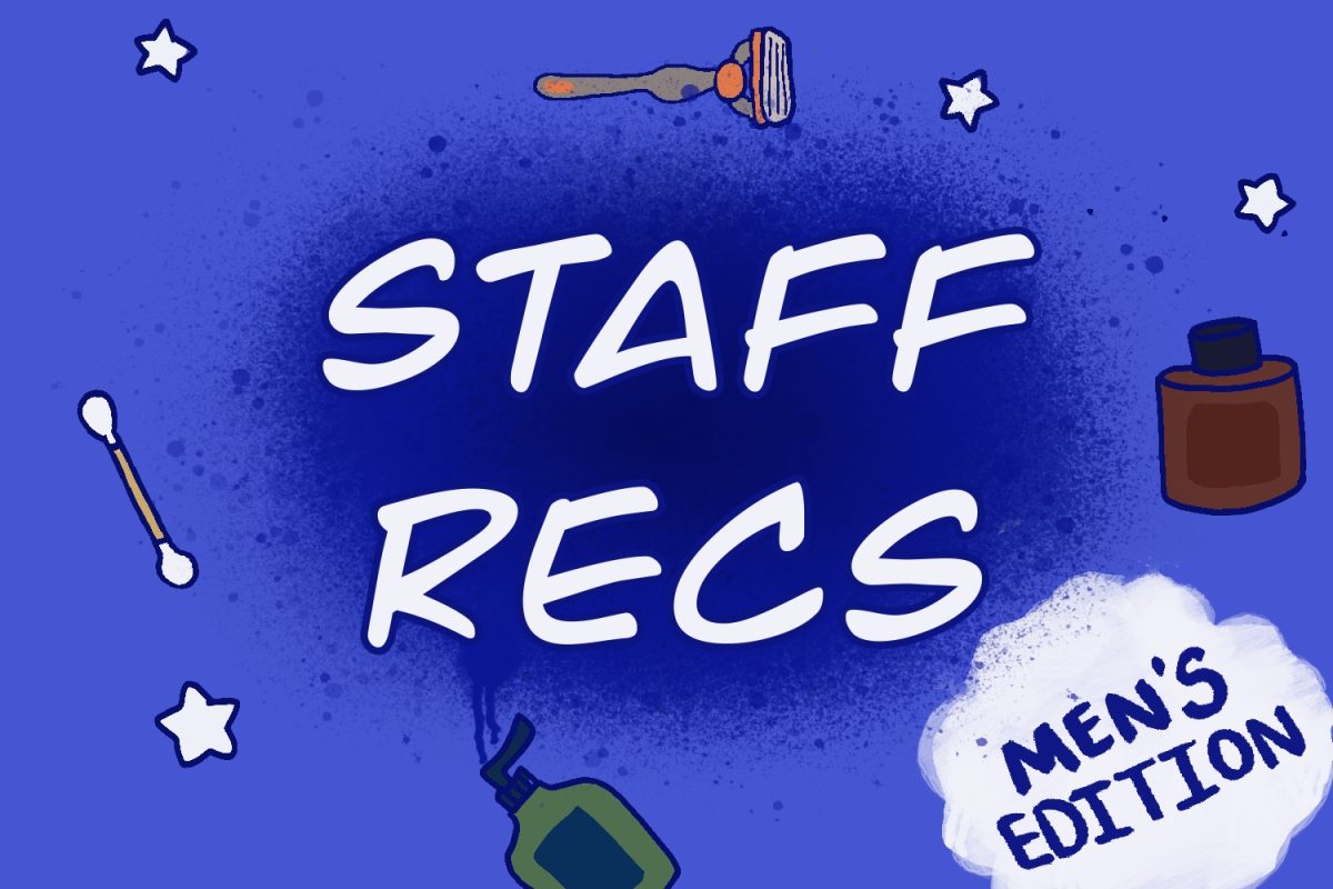 An illustration of the words “STAFF RECS” written in white on a blue background with white stars. In the bottom right corner, a white cloud says “MEN’S EDITION.” Surrounding the text are illustrations of a razor, a cotton swab, cologne and lotion.