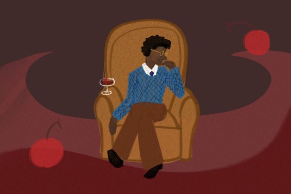 An illustration of a man sitting in a chair wearing gold-rimmed glasses, a blue knit sweater, brown dress pants and a white button-down shirt with a navy tie under the sweater. A Manhattan cocktail glass filled with dark red liquid balances on one arm of the chair.