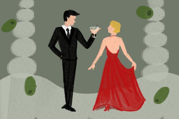 An illustration of a man in a black tux holding a martini and a woman in a backless red gown facing each other on a gray background with large olives scattered around the couple.